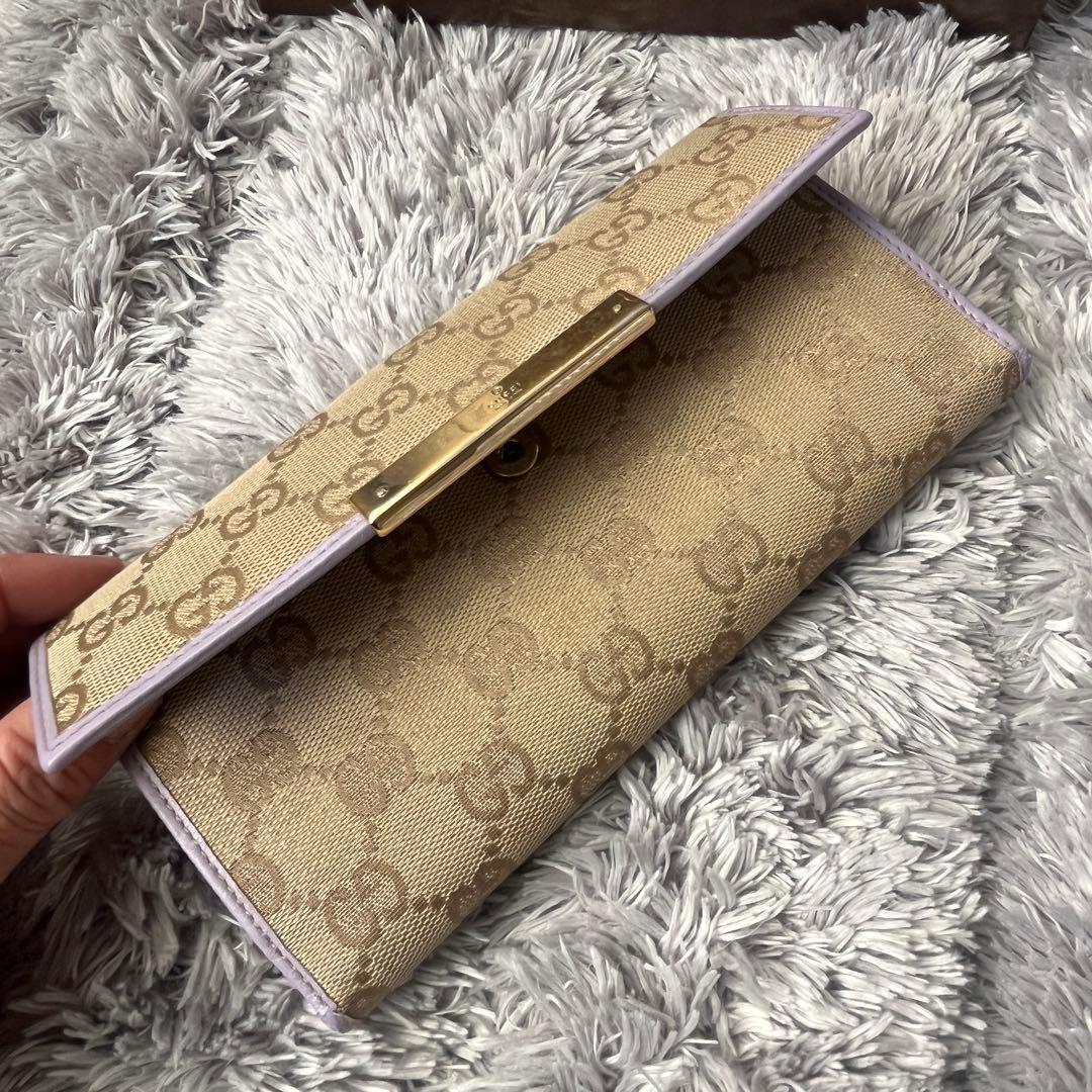 GUCCI✨GGキャンバス ライトパープル　長財布　ロゴプレート　Wホック