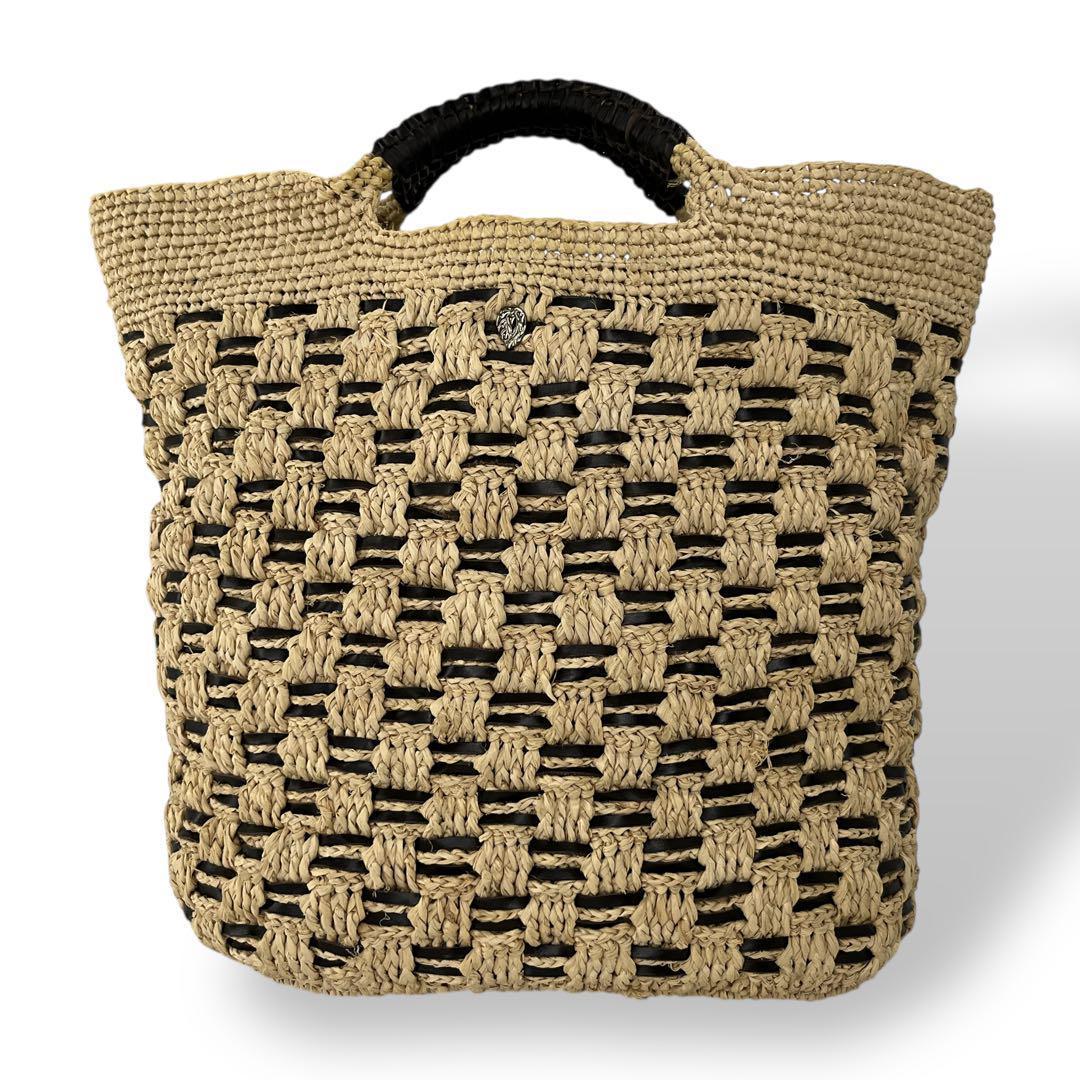 良品　ヘレンカミンスキー　かごバッグ　編み込み　ロゴプレート　ラフィア　ベージュ