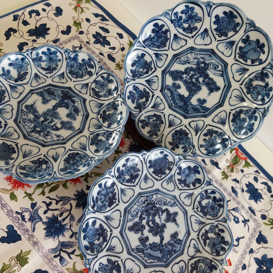 源右衛門窯⭐️染付輪花 銘々皿 三枚組