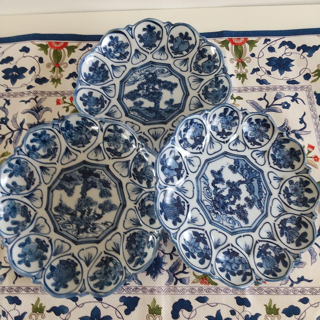 源右衛門窯⭐️染付輪花 銘々皿 三枚組