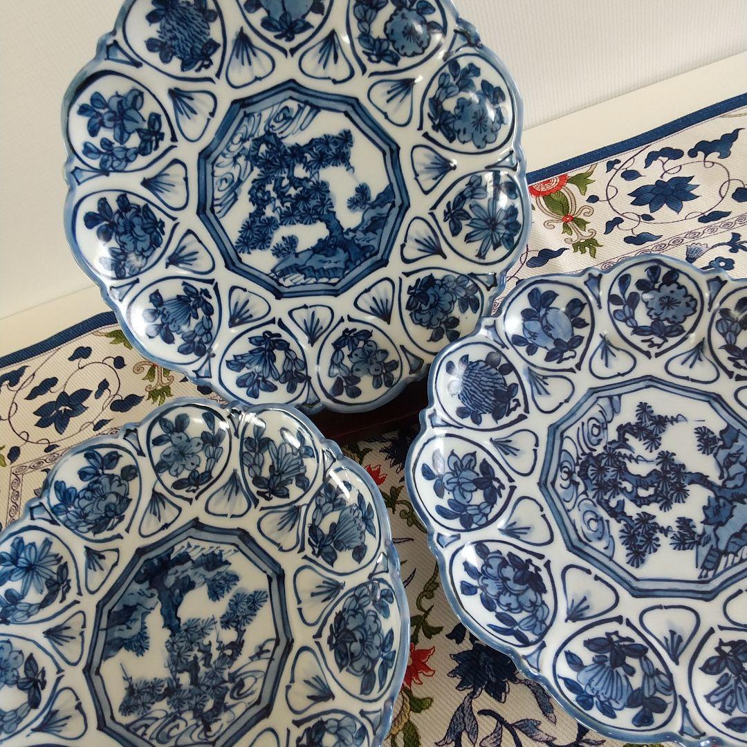 源右衛門窯⭐️染付輪花 銘々皿 三枚組