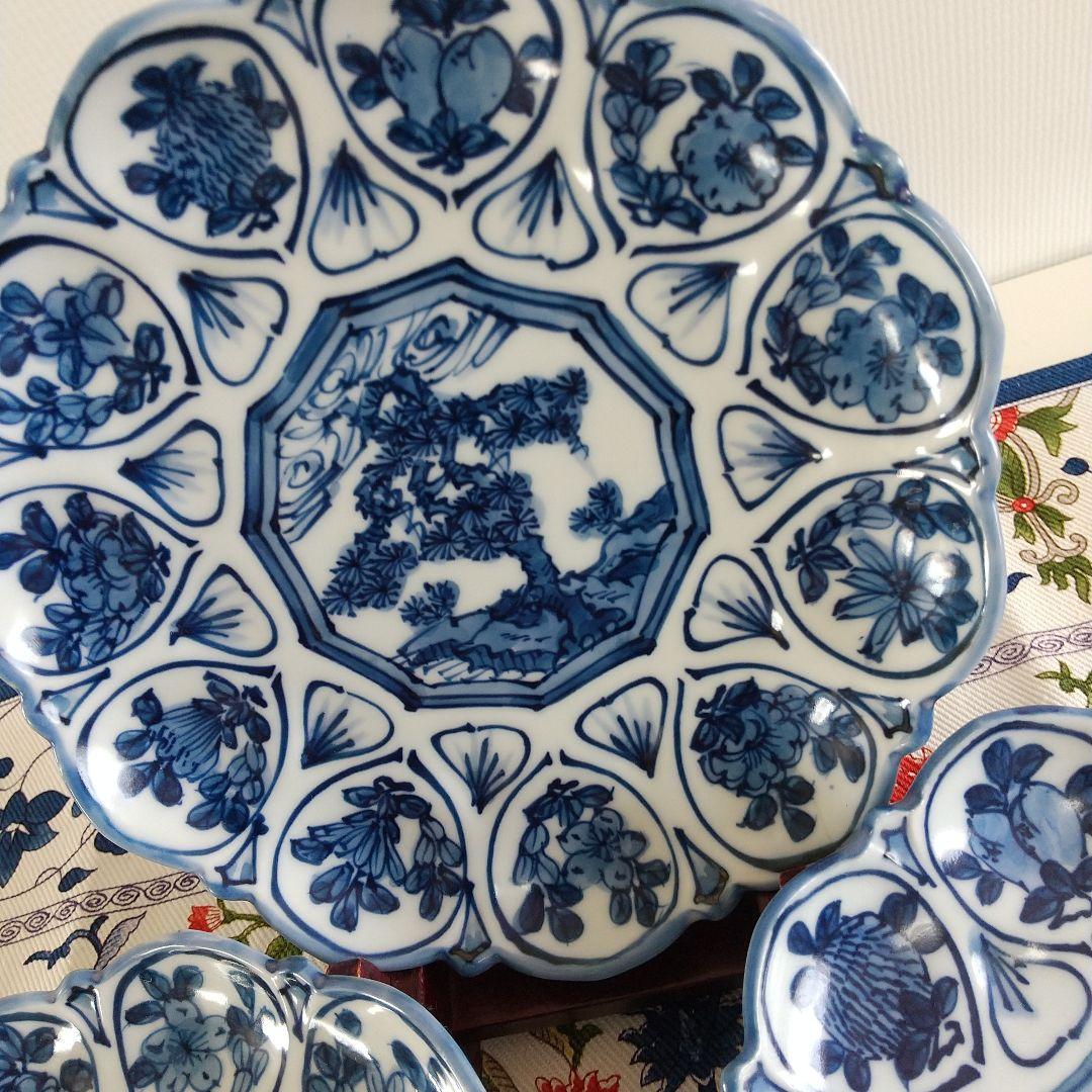 源右衛門窯⭐️染付輪花 銘々皿 三枚組