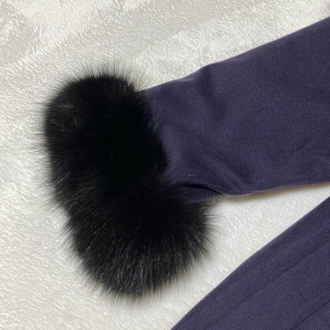 ファー付カシミヤコート　紫　ボタンレス 羽織物　黒のボリュームファー　XL