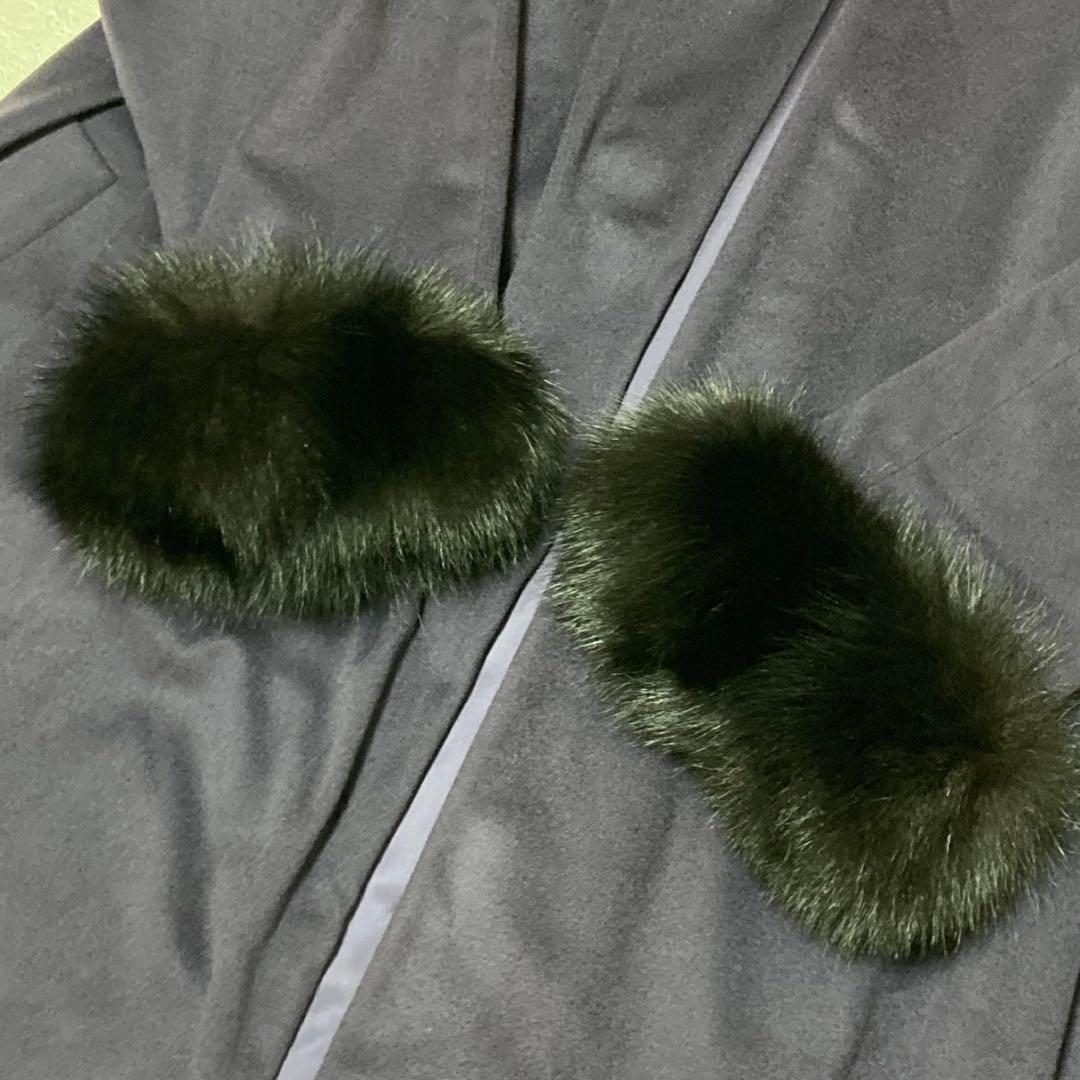 ファー付カシミヤコート　紫　ボタンレス 羽織物　黒のボリュームファー　XL