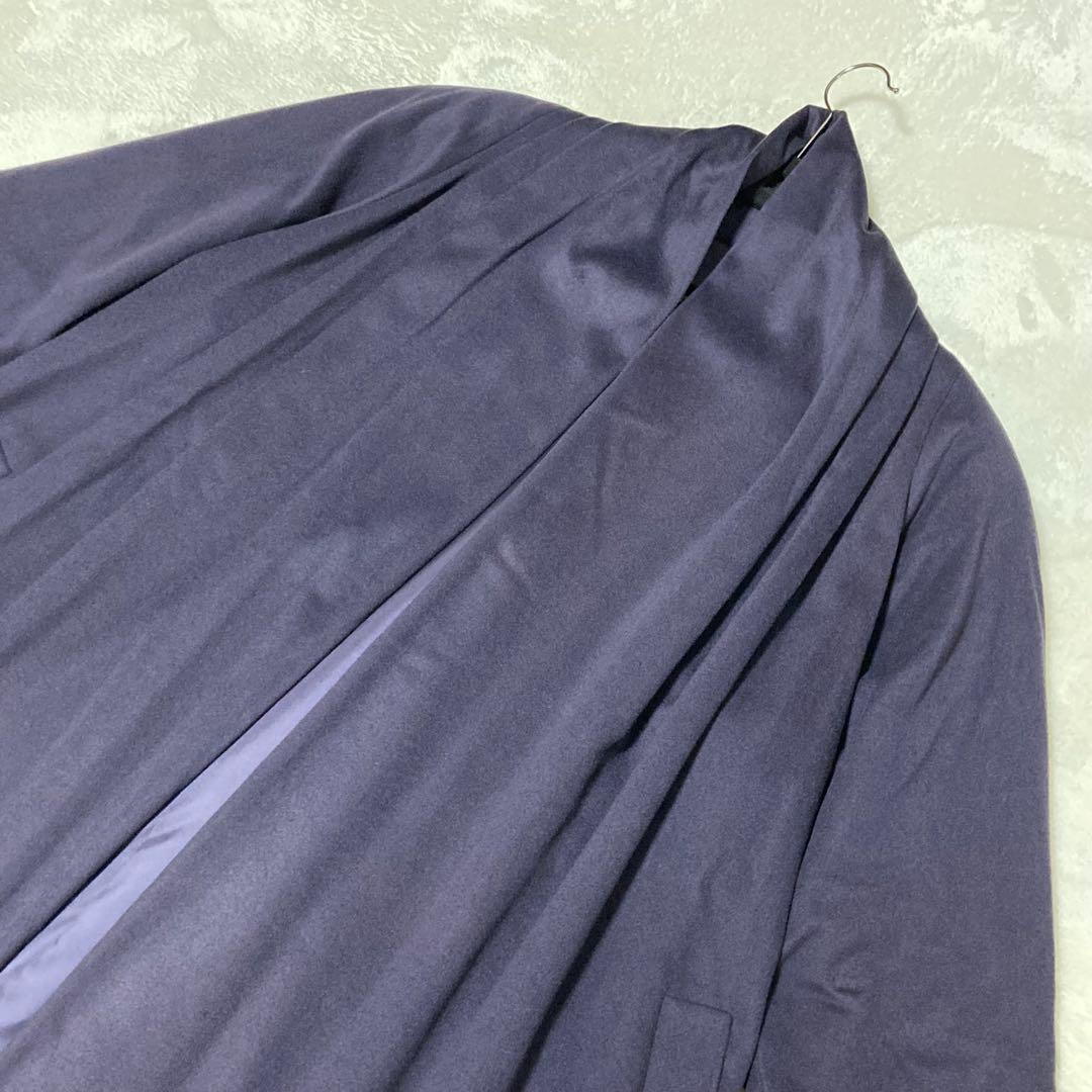 ファー付カシミヤコート　紫　ボタンレス 羽織物　黒のボリュームファー　XL