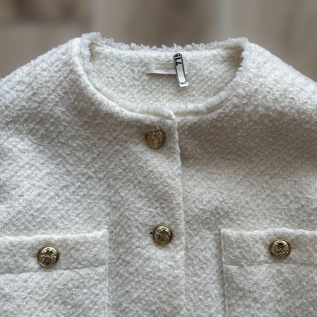 ラウンジドレス ノーカラー ツイードジャケット 金ボタン ウール 白