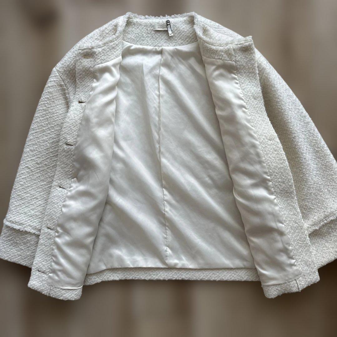 ラウンジドレス ノーカラー ツイードジャケット 金ボタン ウール 白
