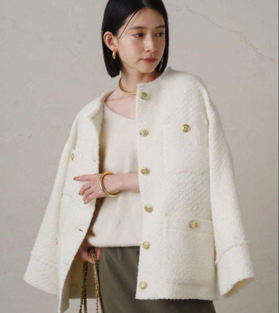 ラウンジドレス ノーカラー ツイードジャケット 金ボタン ウール 白