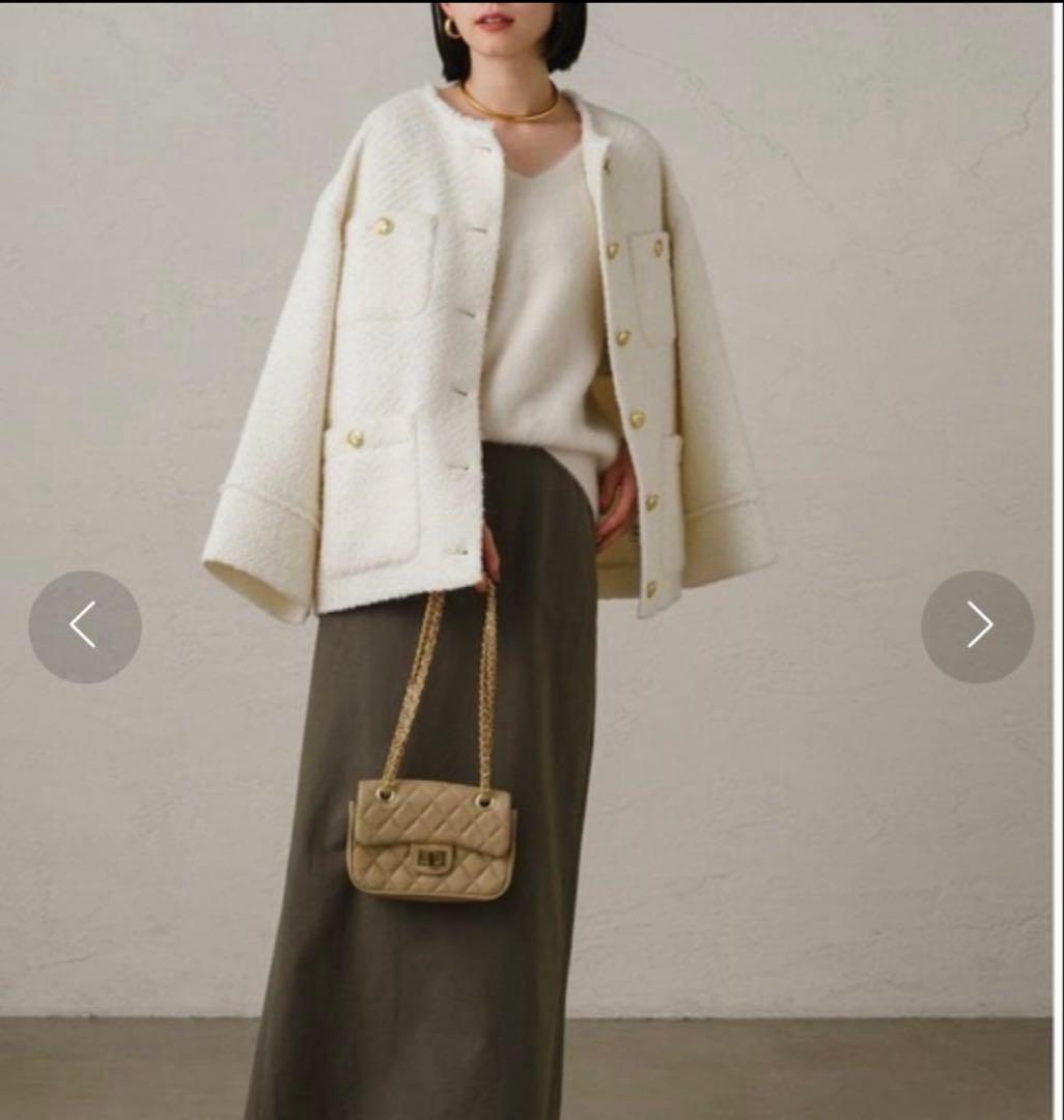 ラウンジドレス ノーカラー ツイードジャケット 金ボタン ウール 白