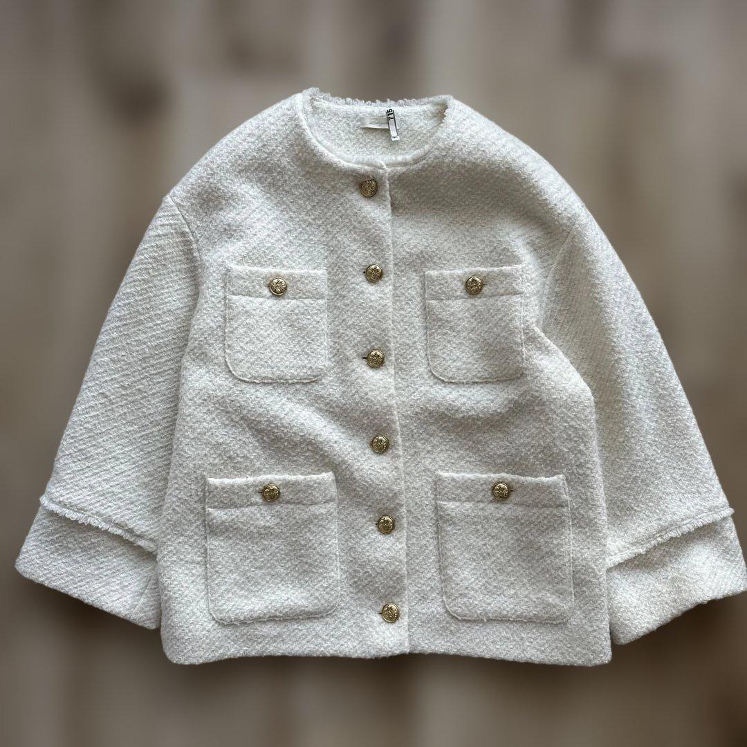 ラウンジドレス ノーカラー ツイードジャケット 金ボタン ウール 白