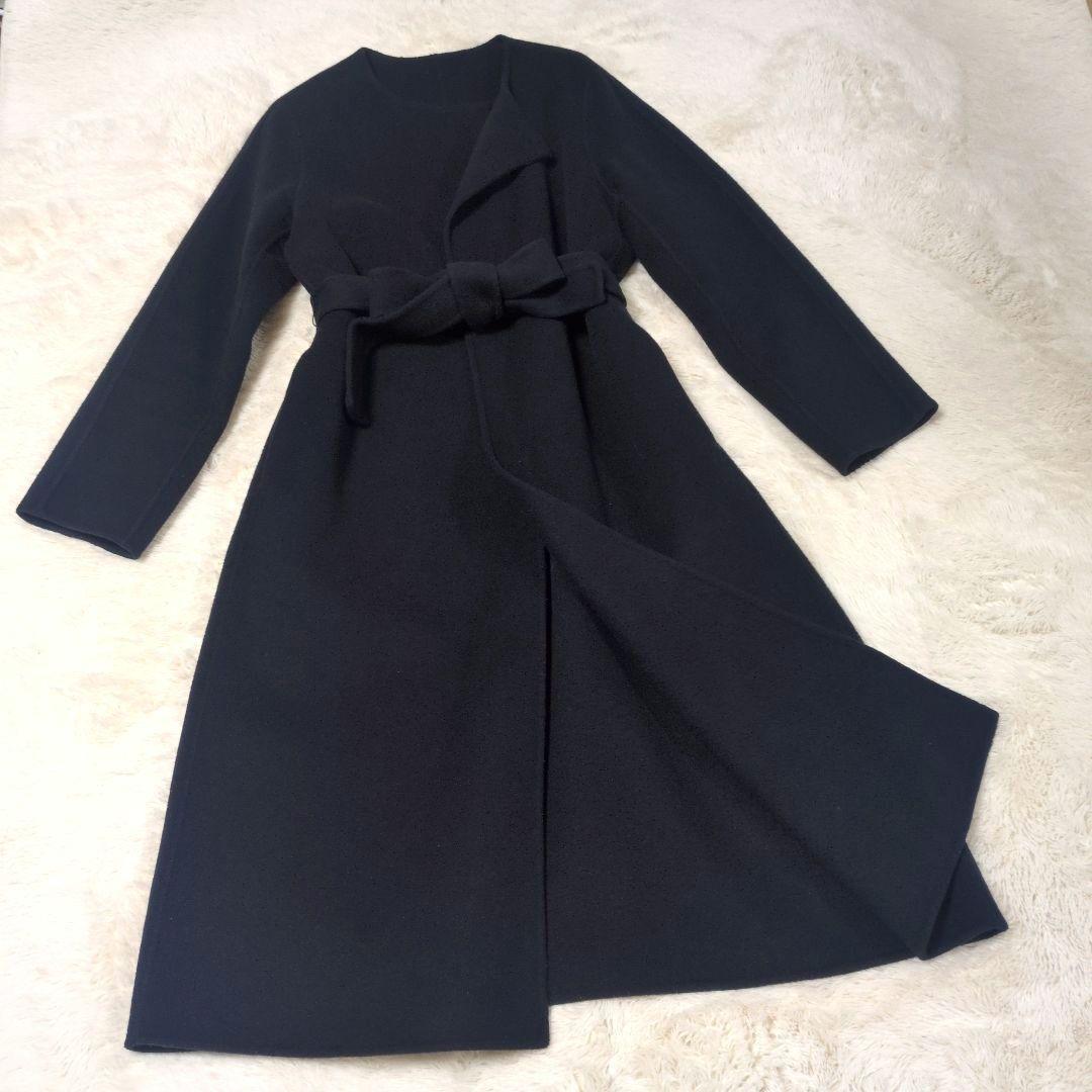 美品 ANAYI アナイ ウール ノーカラー ロングコート ベルト付き