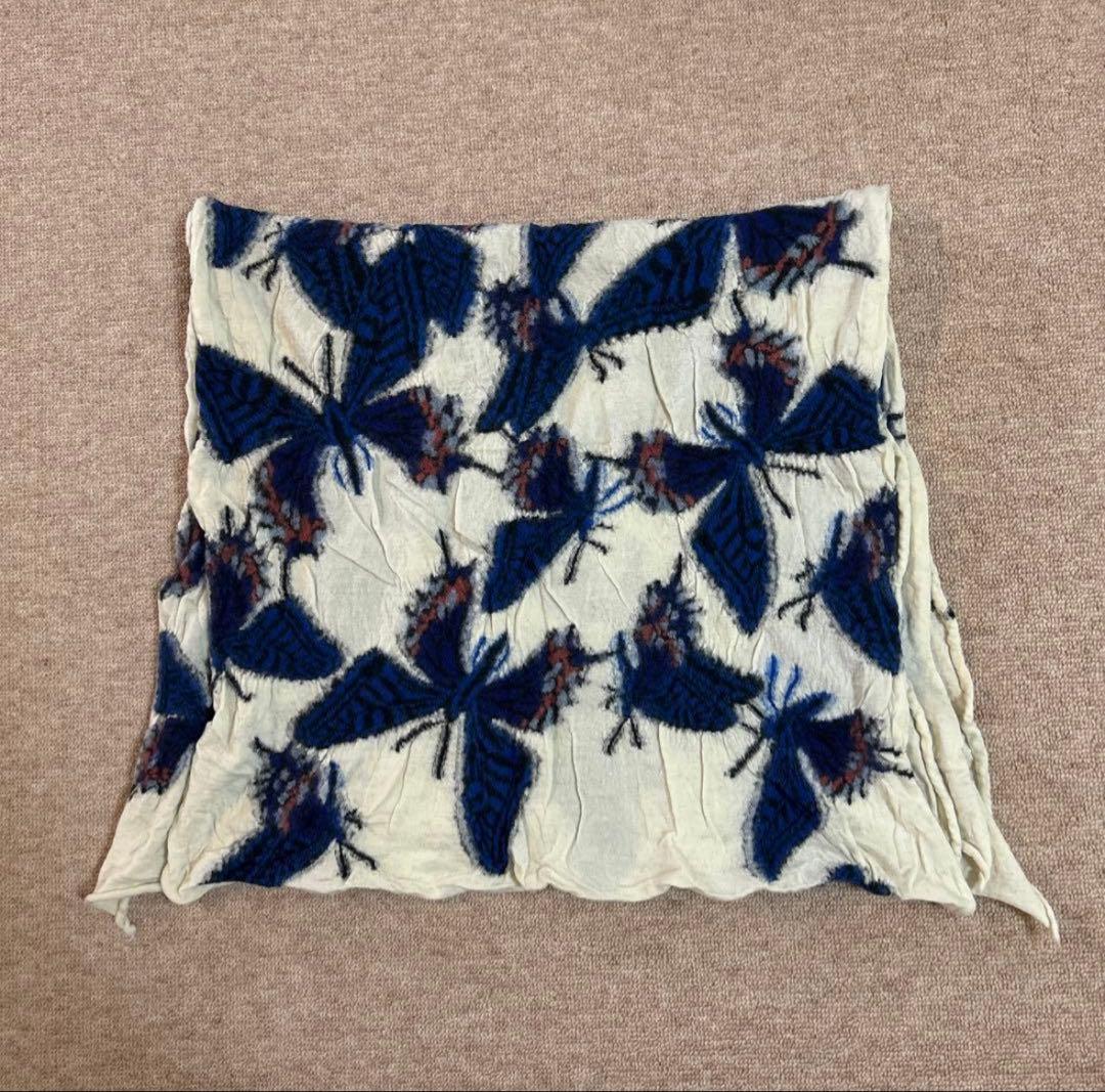 キャピタル　縮絨ウール マフラー　ストール　バタフライ柄　白/青