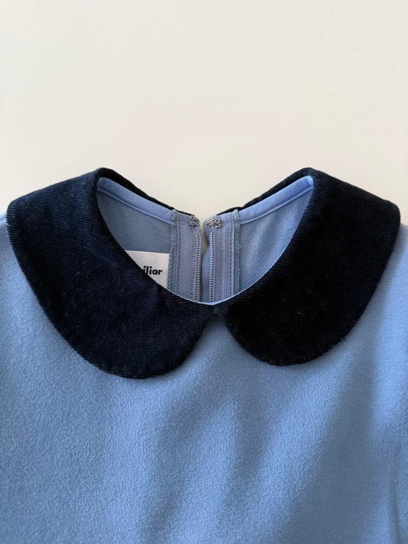 【２度着用】ファミリア丸襟ワンピース 半袖水色刺繍 柔らかなフェルト地綿100%