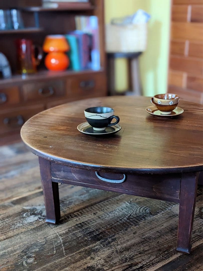 【プロフ必読⭐︎レモン】丸いアンティークローテーブル 木製円形座卓