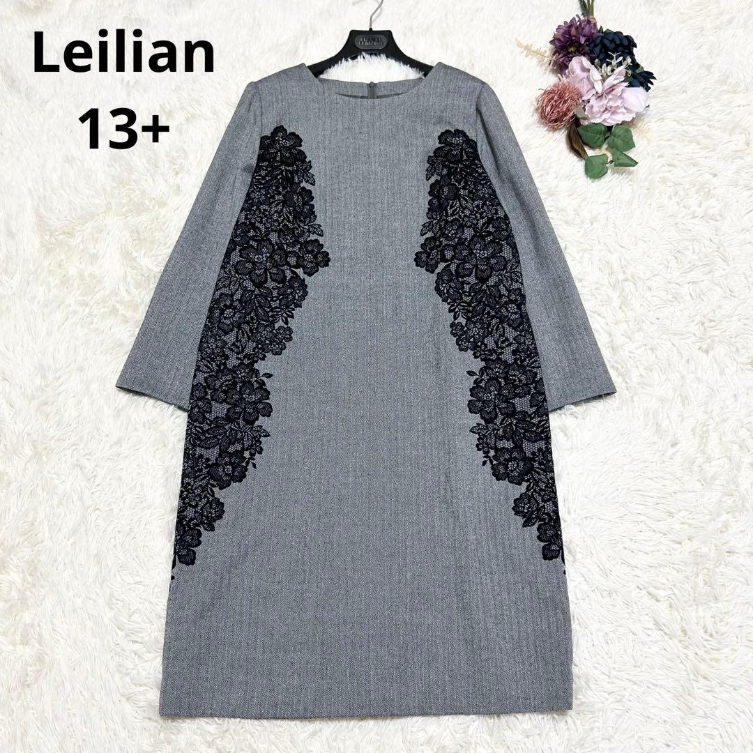 Leilian レリアン 花柄フロッキーワンピース ヘリンボーン 大きいサイズ