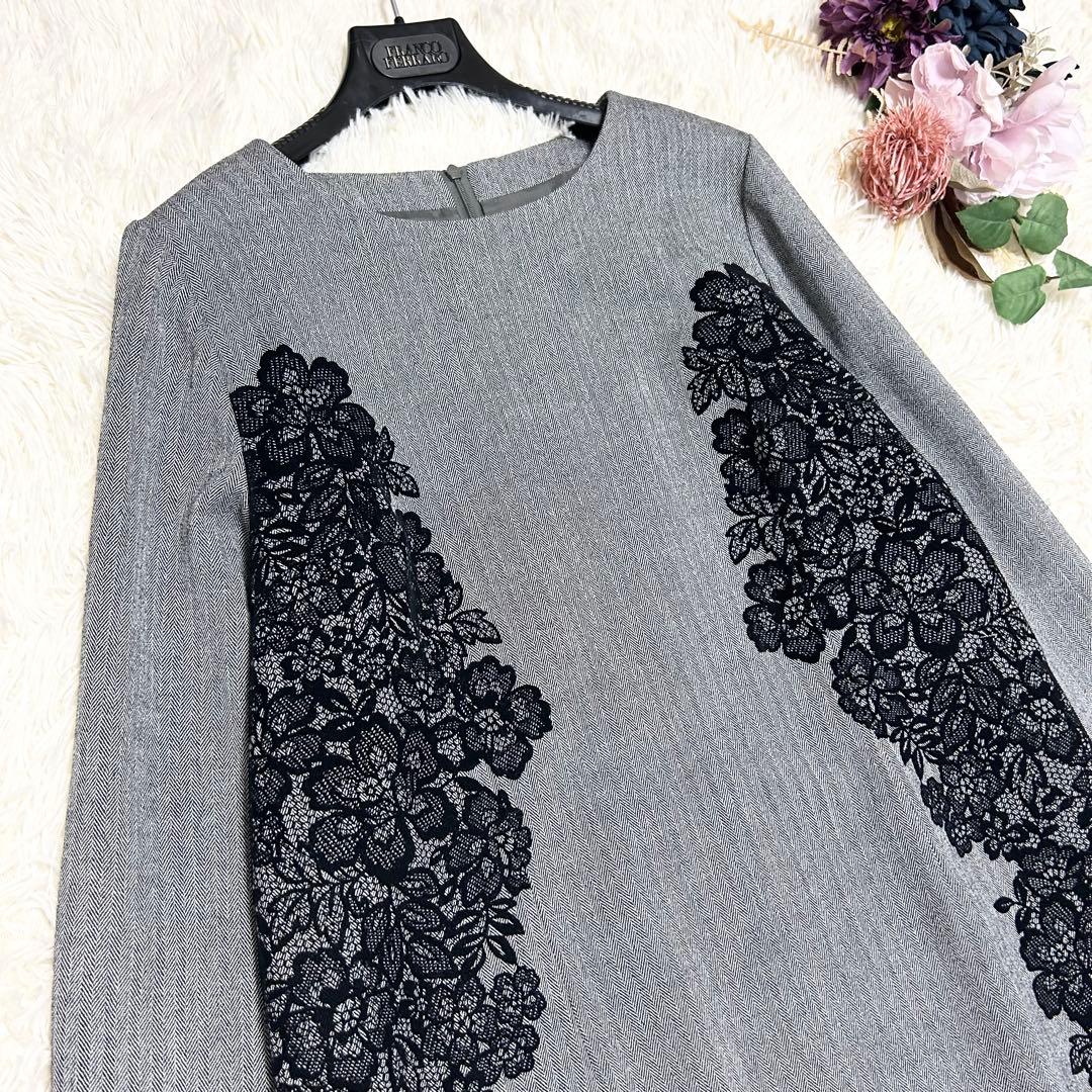 Leilian レリアン 花柄フロッキーワンピース ヘリンボーン 大きいサイズ