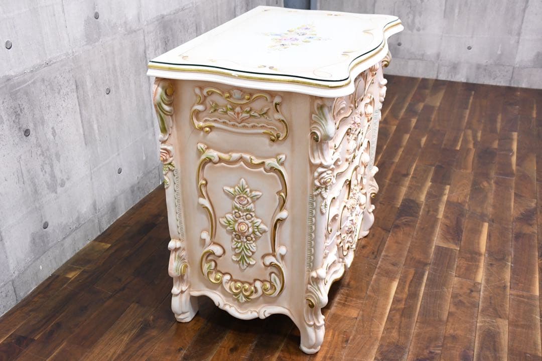 DLC81 ロココ調 猫脚 トールペイント 4ドロワー チェスト レリーフ 4段