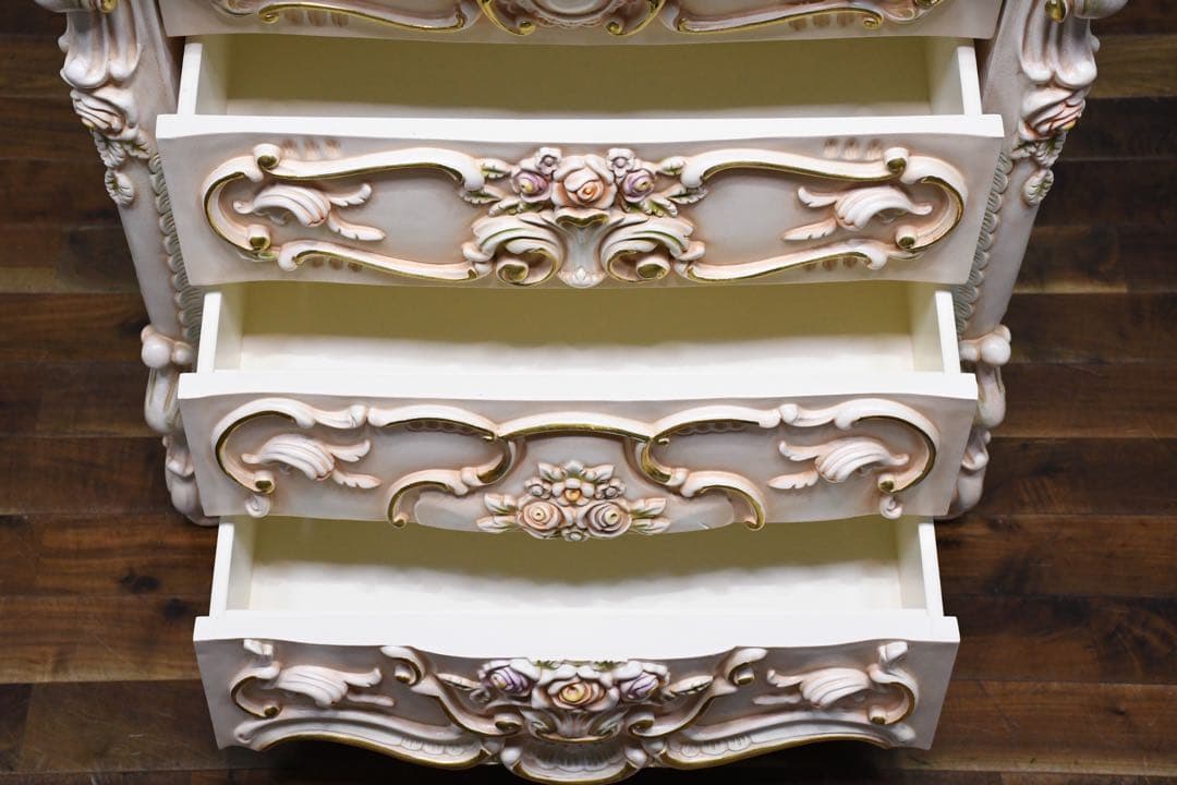 DLC81 ロココ調 猫脚 トールペイント 4ドロワー チェスト レリーフ 4段