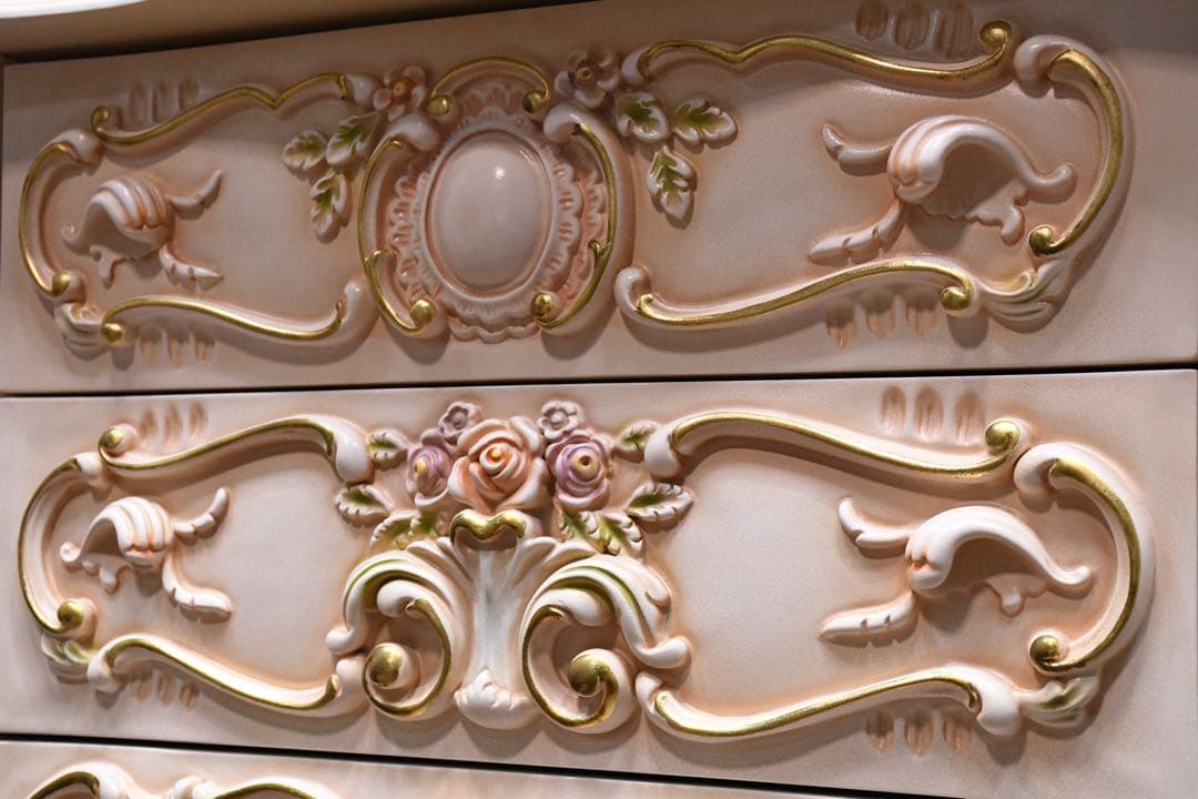 DLC81 ロココ調 猫脚 トールペイント 4ドロワー チェスト レリーフ 4段