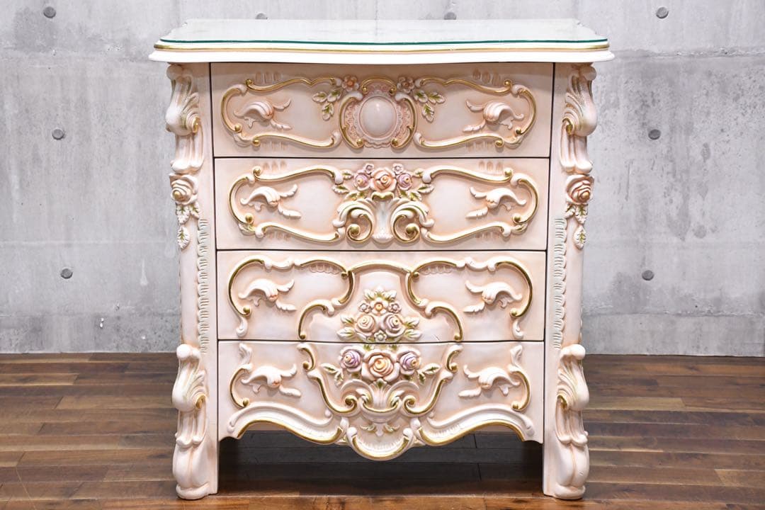 DLC81 ロココ調 猫脚 トールペイント 4ドロワー チェスト レリーフ 4段
