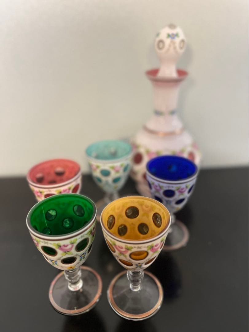 チェコ/未使用品/ボヘミアングラス/希少/カラフルガラスグラス/デキャンタセット