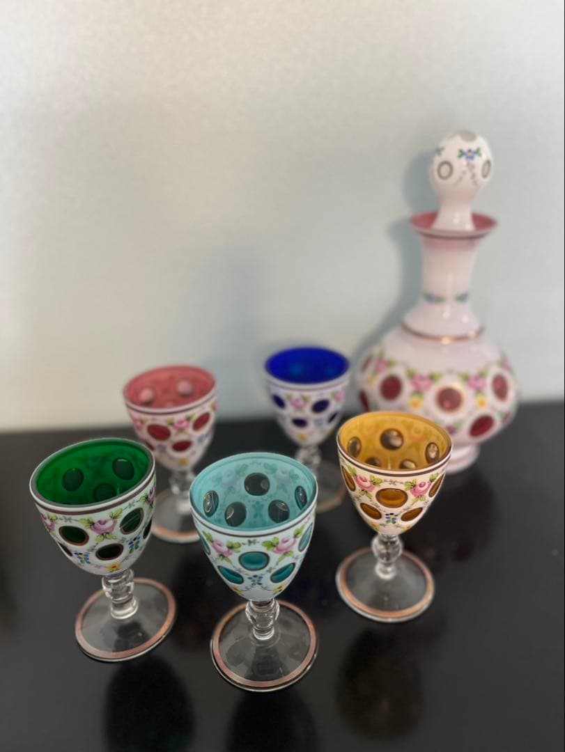 チェコ/未使用品/ボヘミアングラス/希少/カラフルガラスグラス/デキャンタセット