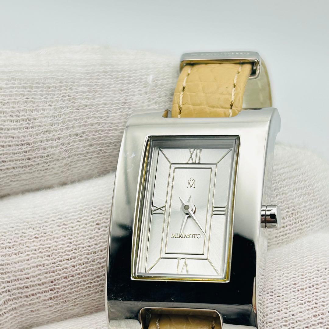 美品 ミキモト 2連レザー 新品電池 レディース腕時計 シルバー 箱説付 希少