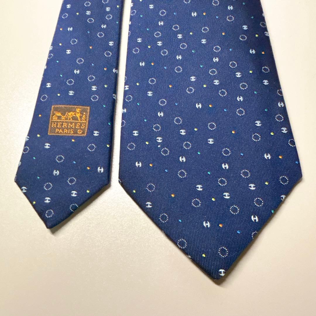 エルメス ネクタイ Hドット 小紋 ネイビー 現行 箱付き 裏ファソネ