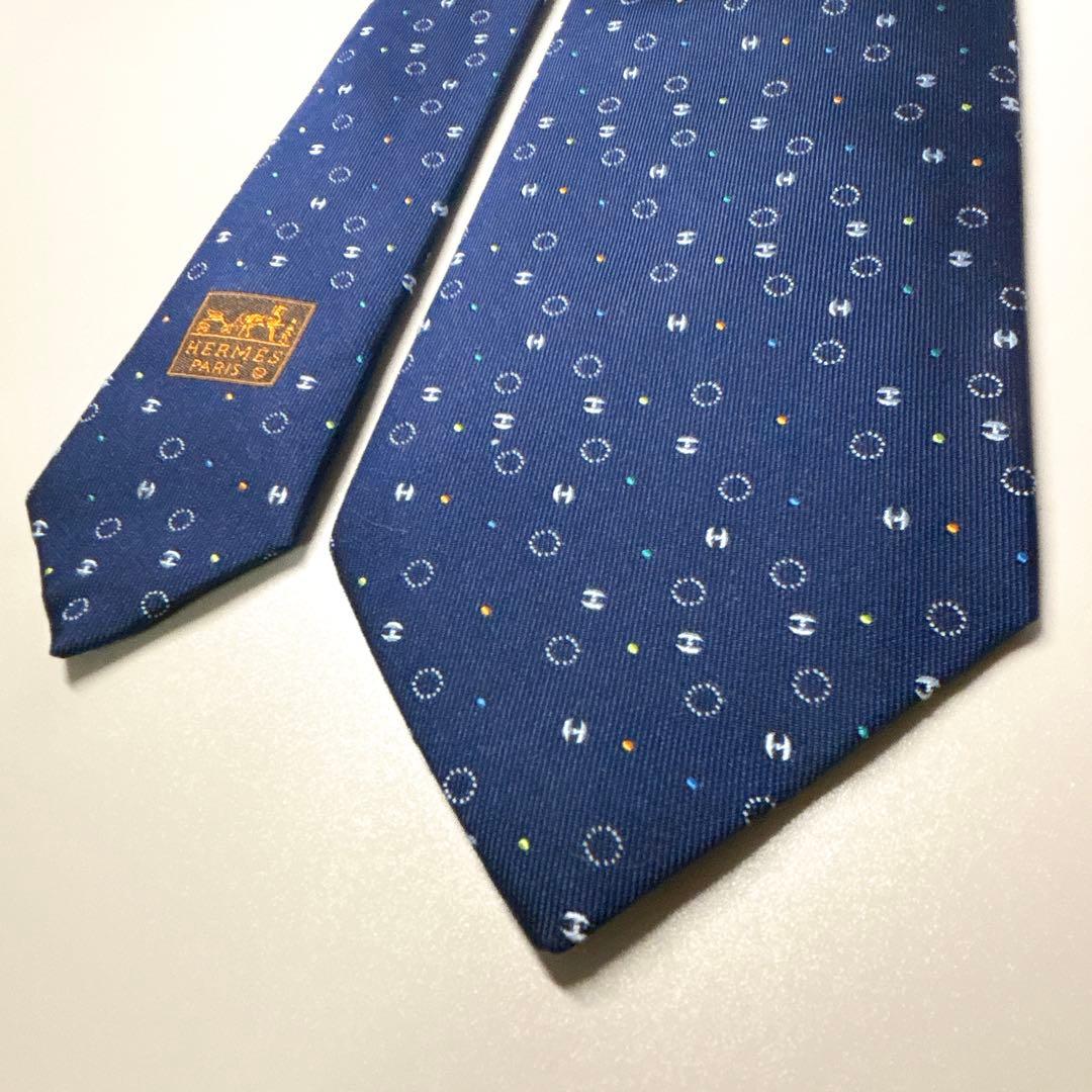 エルメス ネクタイ Hドット 小紋 ネイビー 現行 箱付き 裏ファソネ