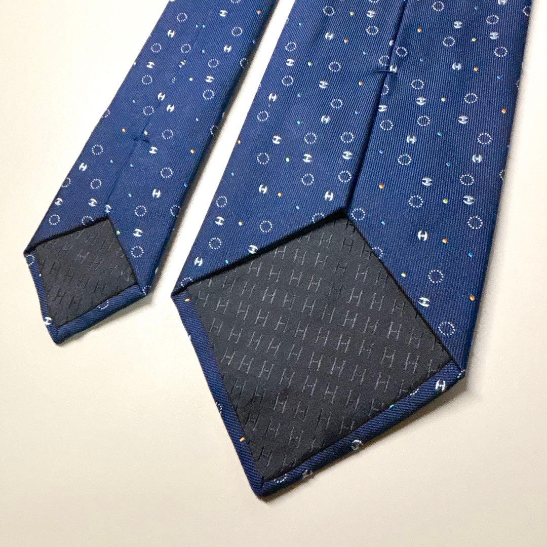 エルメス ネクタイ Hドット 小紋 ネイビー 現行 箱付き 裏ファソネ