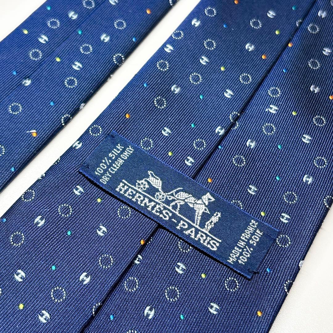 エルメス ネクタイ Hドット 小紋 ネイビー 現行 箱付き 裏ファソネ