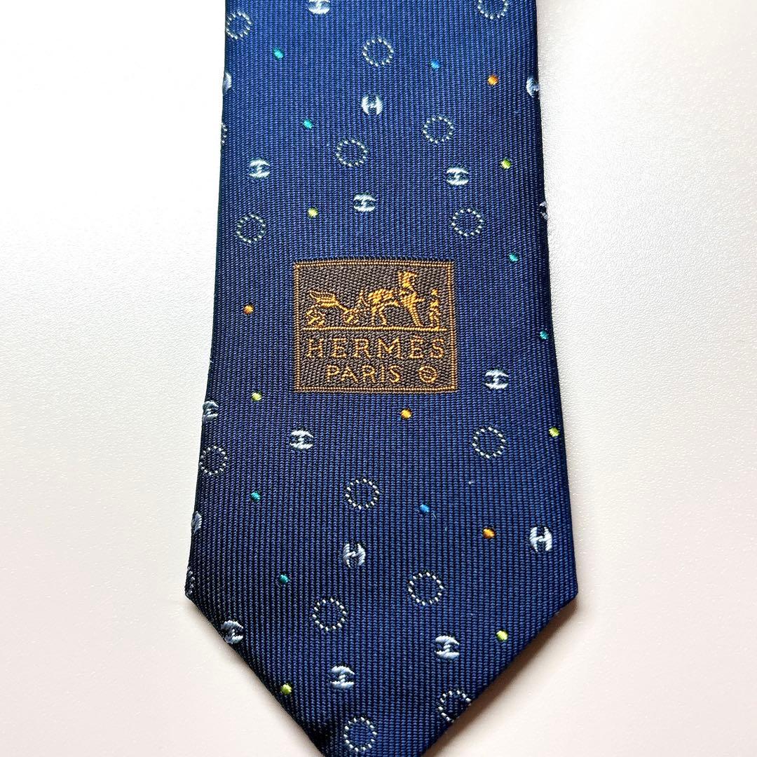 エルメス ネクタイ Hドット 小紋 ネイビー 現行 箱付き 裏ファソネ