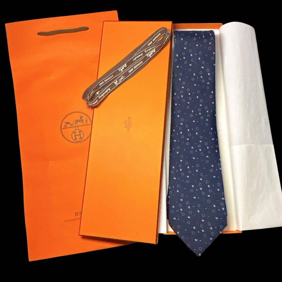 エルメス ネクタイ Hドット 小紋 ネイビー 現行 箱付き 裏ファソネ