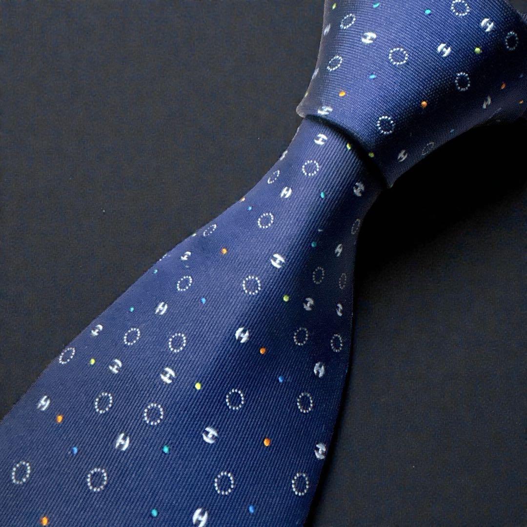 エルメス ネクタイ Hドット 小紋 ネイビー 現行 箱付き 裏ファソネ