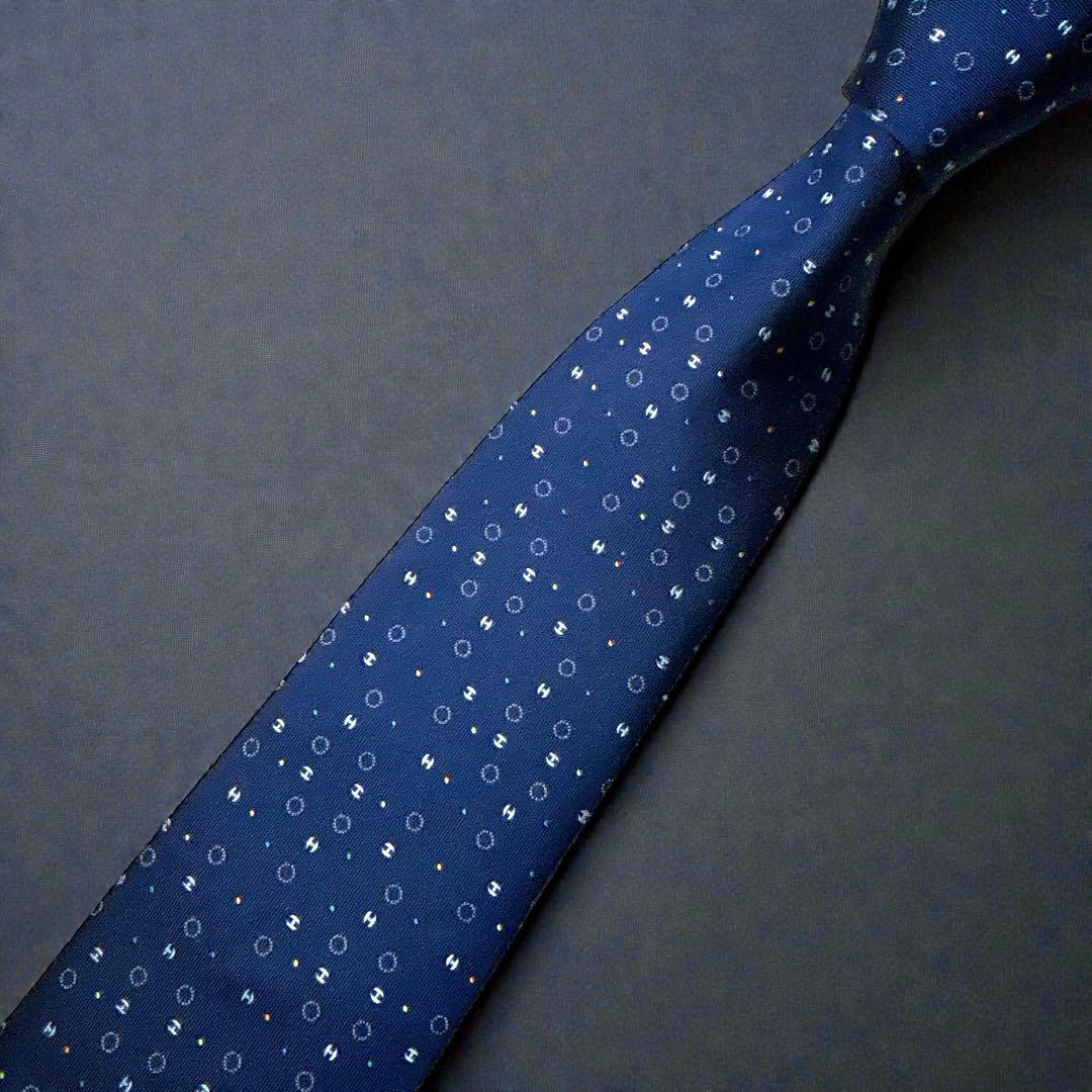 エルメス ネクタイ Hドット 小紋 ネイビー 現行 箱付き 裏ファソネ