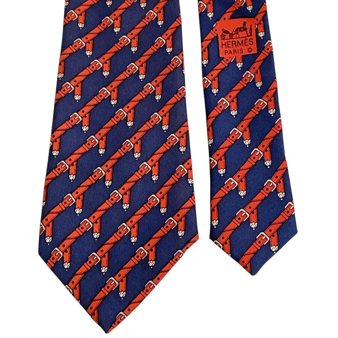 【95】HERMES ネクタイ ベルトモチーフ 総柄 シルク フランス製