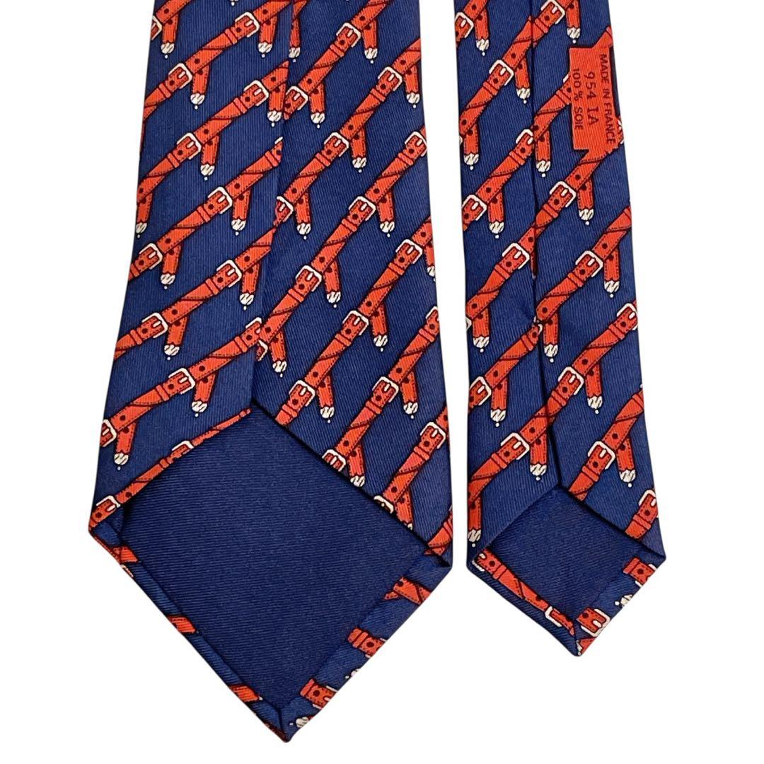 【95】HERMES ネクタイ ベルトモチーフ 総柄 シルク フランス製