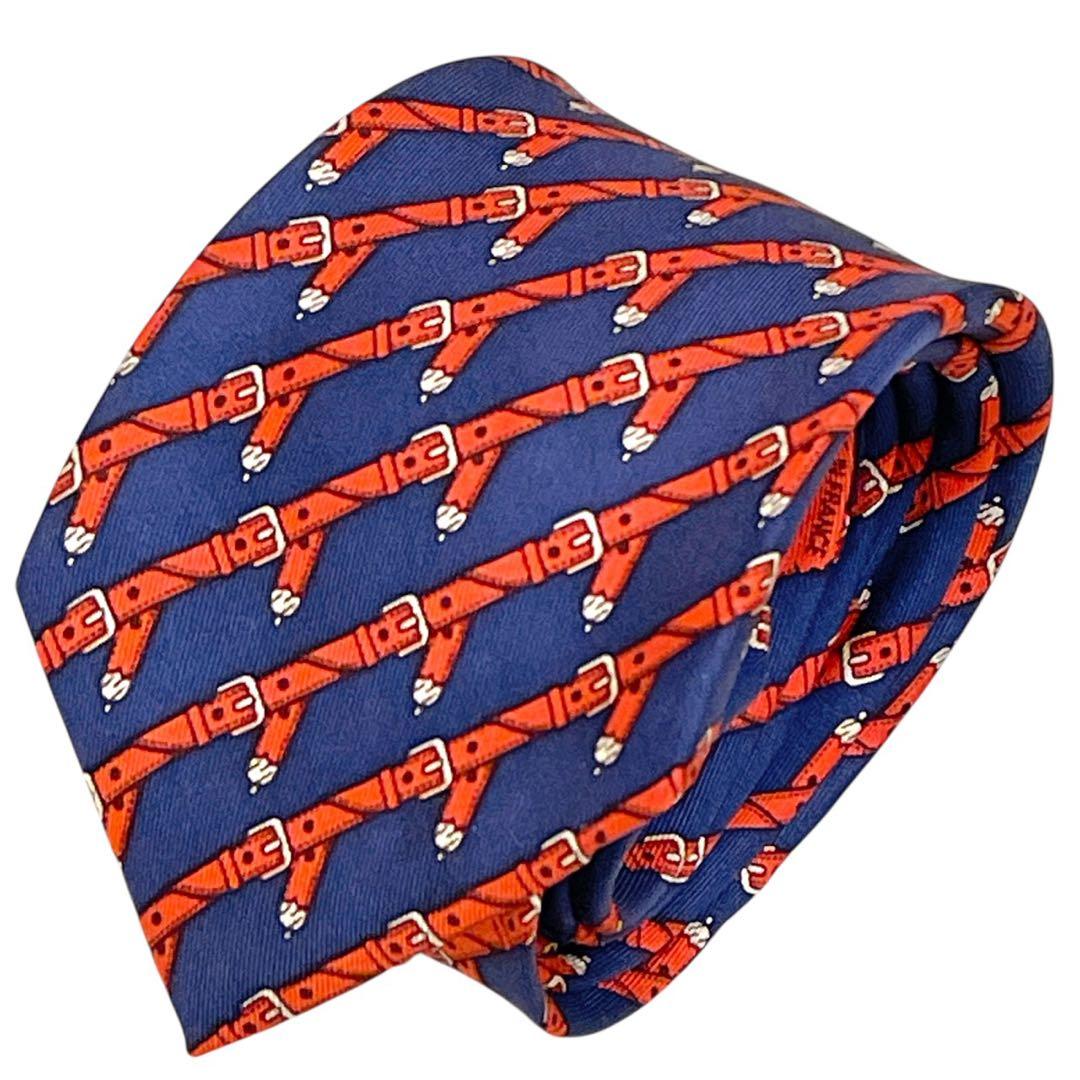 【95】HERMES ネクタイ ベルトモチーフ 総柄 シルク フランス製