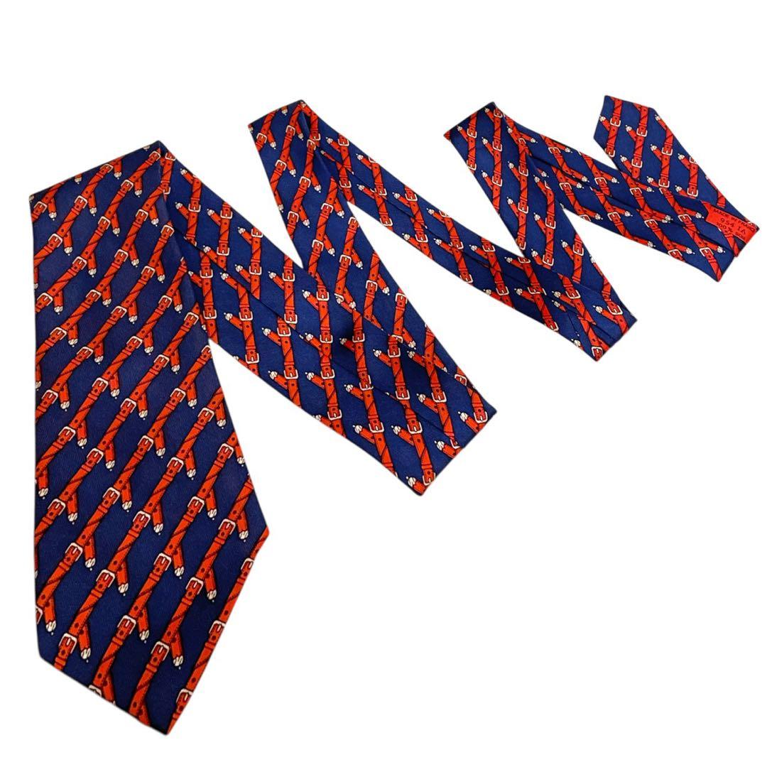 【95】HERMES ネクタイ ベルトモチーフ 総柄 シルク フランス製