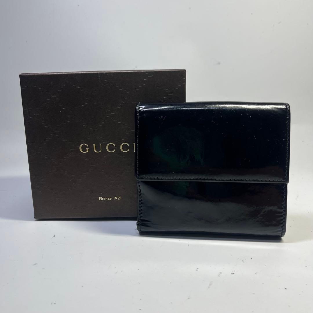 正規美品　GUCCI グッチ アビー エナメル 二つ折り財布 ブラック