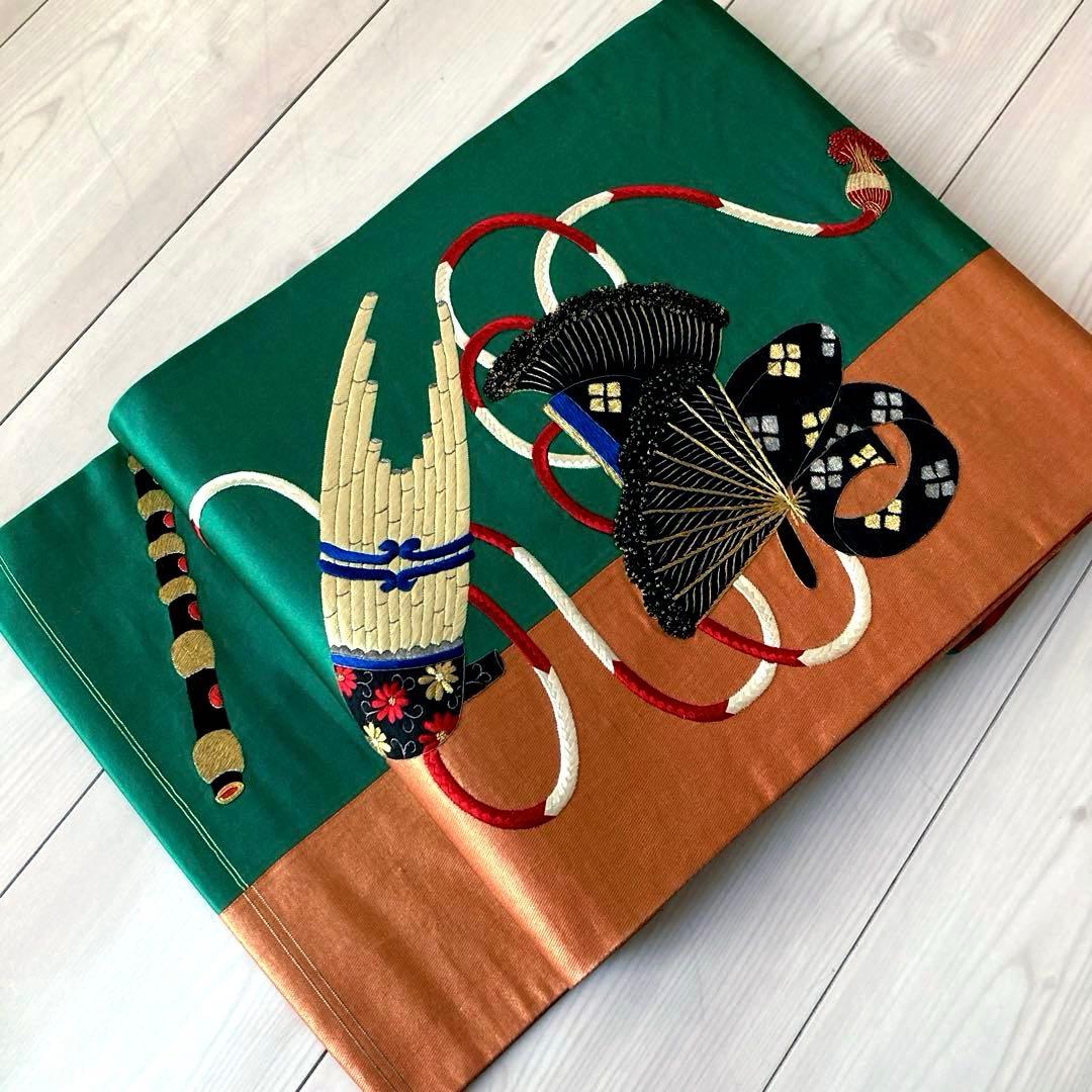 アンティーク名古屋帯　扇子の刺繍　大正ロマン　正絹　上質　金駒刺繍　No8-26
