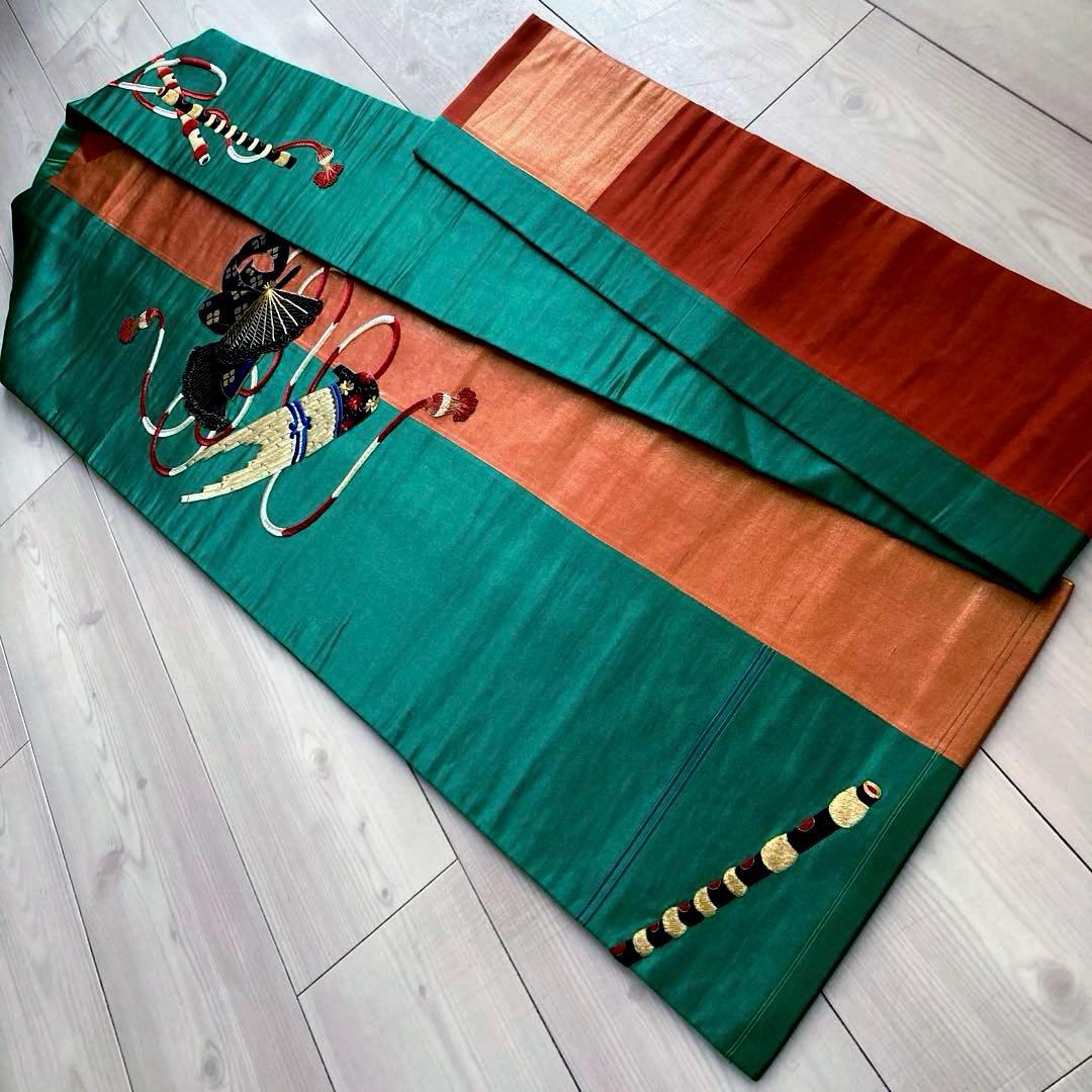 アンティーク名古屋帯　扇子の刺繍　大正ロマン　正絹　上質　金駒刺繍　No8-26