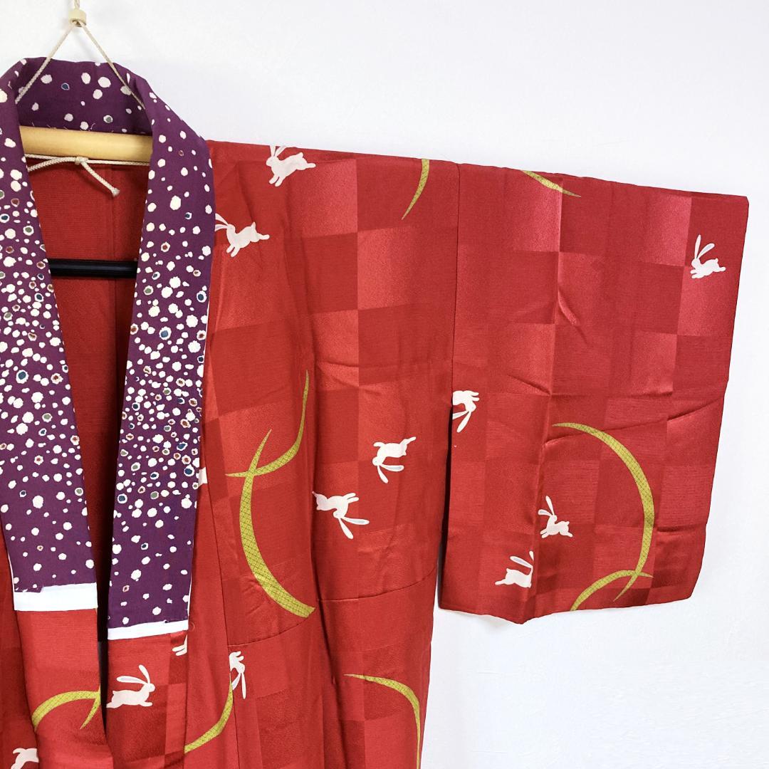 Sid様用／兎の長襦袢 女性用 単衣 袖無双 正絹 身丈117㎝ 裄65㎝ 赤