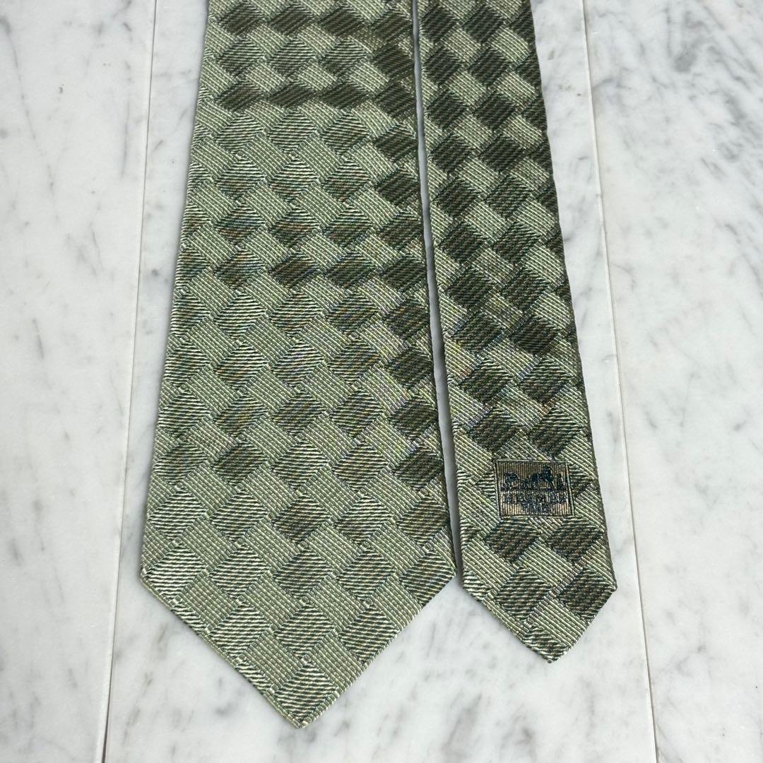 HERMES ネクタイ グリーン系 パターン柄 畳 ファソネ H柄