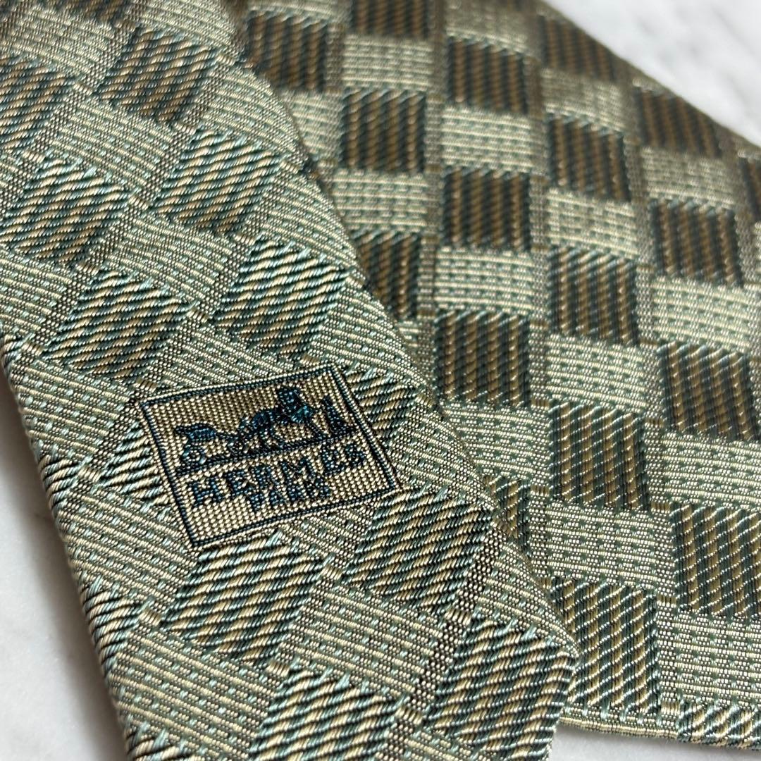 HERMES ネクタイ グリーン系 パターン柄 畳 ファソネ H柄