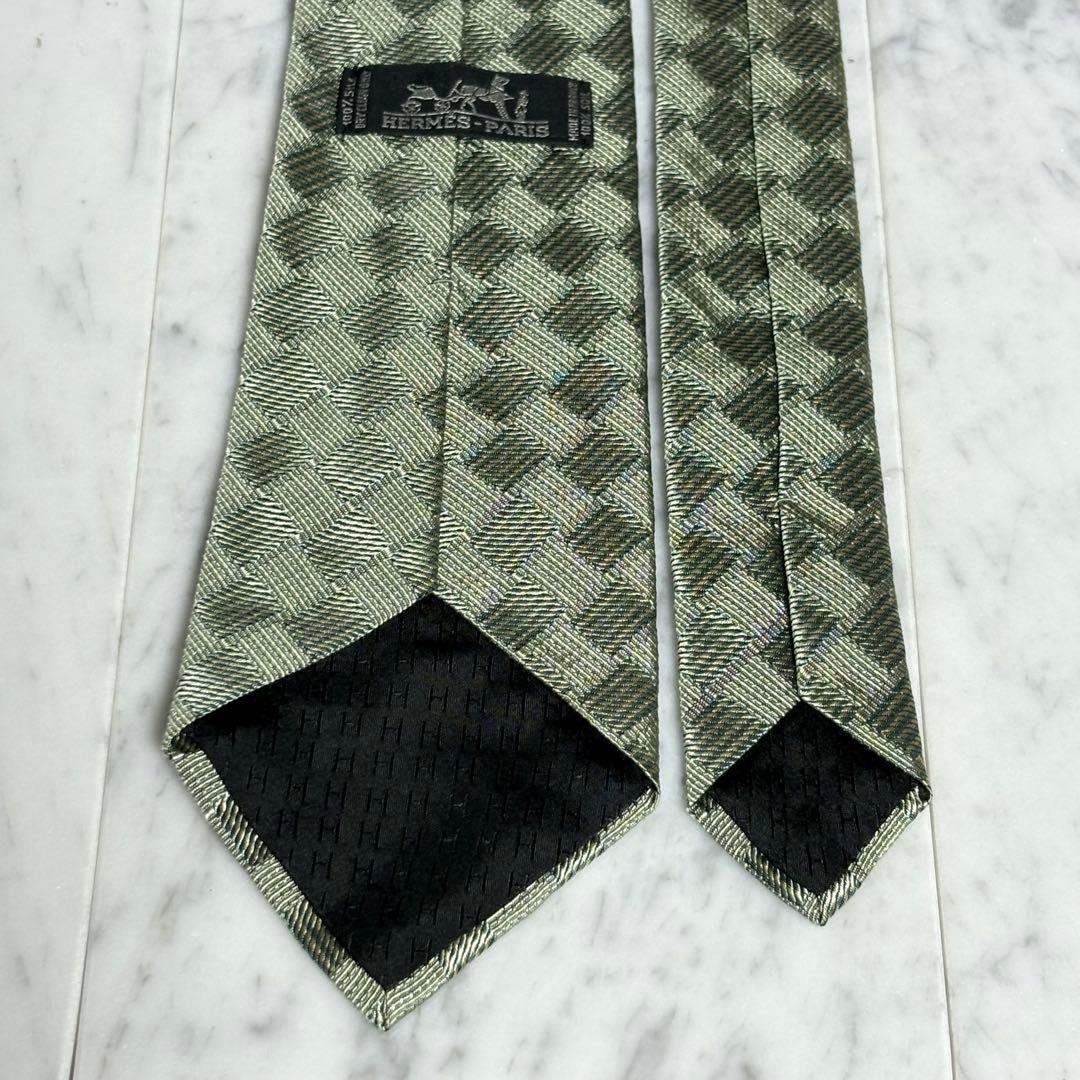HERMES ネクタイ グリーン系 パターン柄 畳 ファソネ H柄