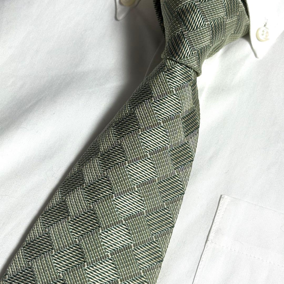 HERMES ネクタイ グリーン系 パターン柄 畳 ファソネ H柄