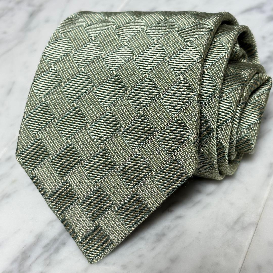 HERMES ネクタイ グリーン系 パターン柄 畳 ファソネ H柄
