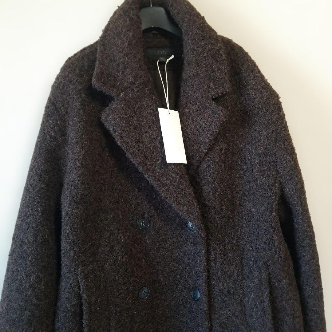 【大人気】ZARA ブークレダブルブレストミディ丈コート （L）