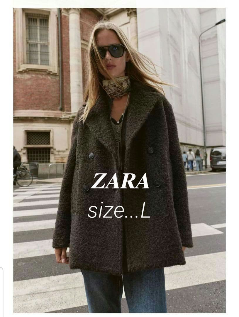 【大人気】ZARA ブークレダブルブレストミディ丈コート （L）